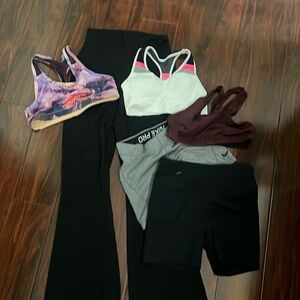 Lot with 3 sports bras youth, flare leggings, Nike shorts, blk balear spandex